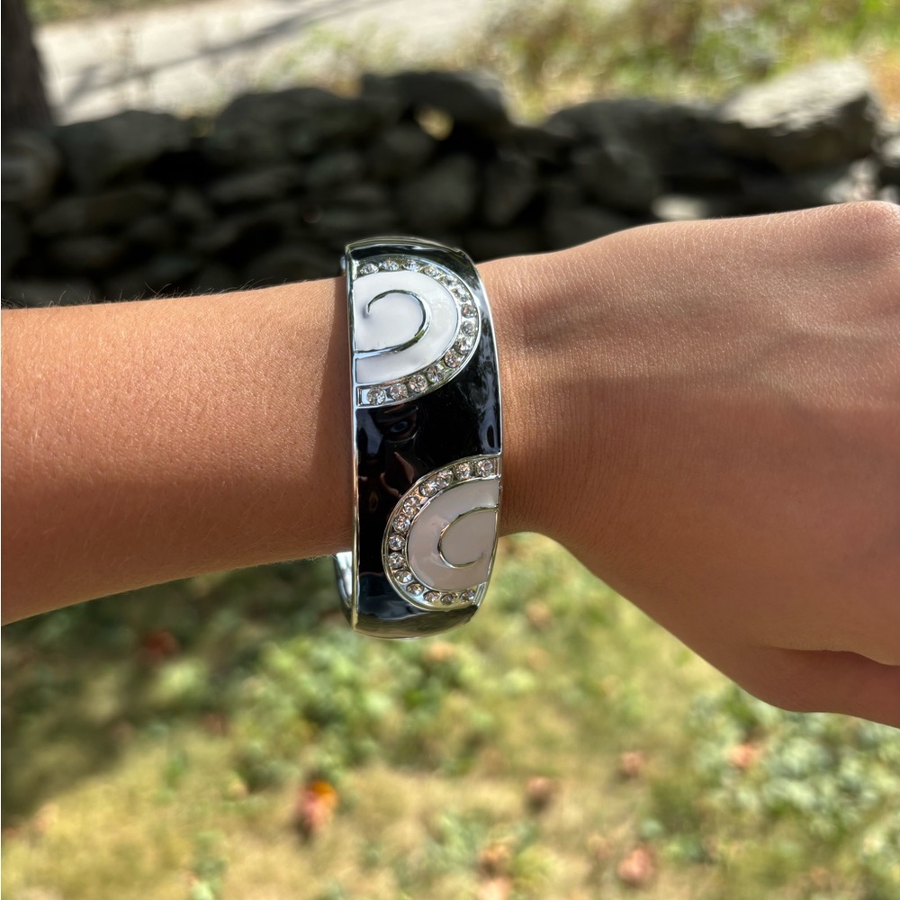 Black and White Enamel Bracelet with Rhinestones